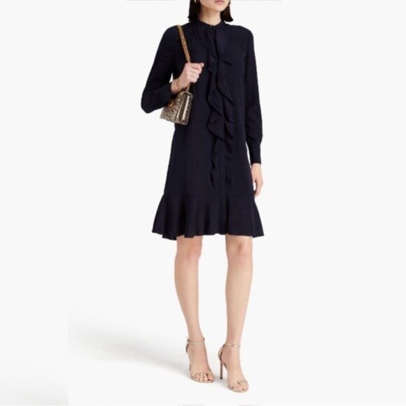 Tory Burch Womens Jane Shirt Dress Size 4 Navy Blue Crepe de chine ruffle NWT - Picture 3 of 14